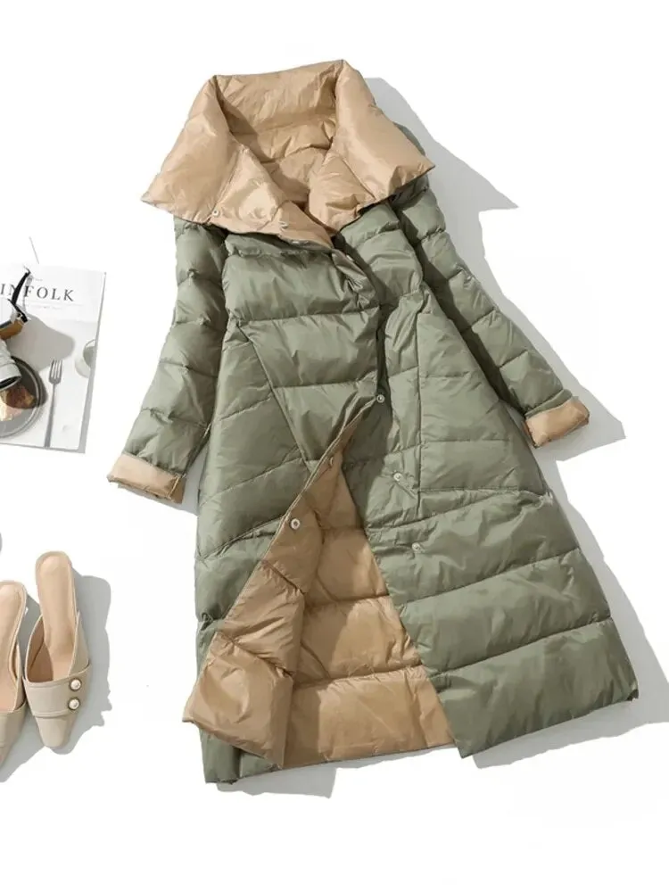 Fashion 2023 Winter Women 90% White Duck Down Jacket Long Thick Double Sided Coat Female Warm Double Breasted Parka Outwear