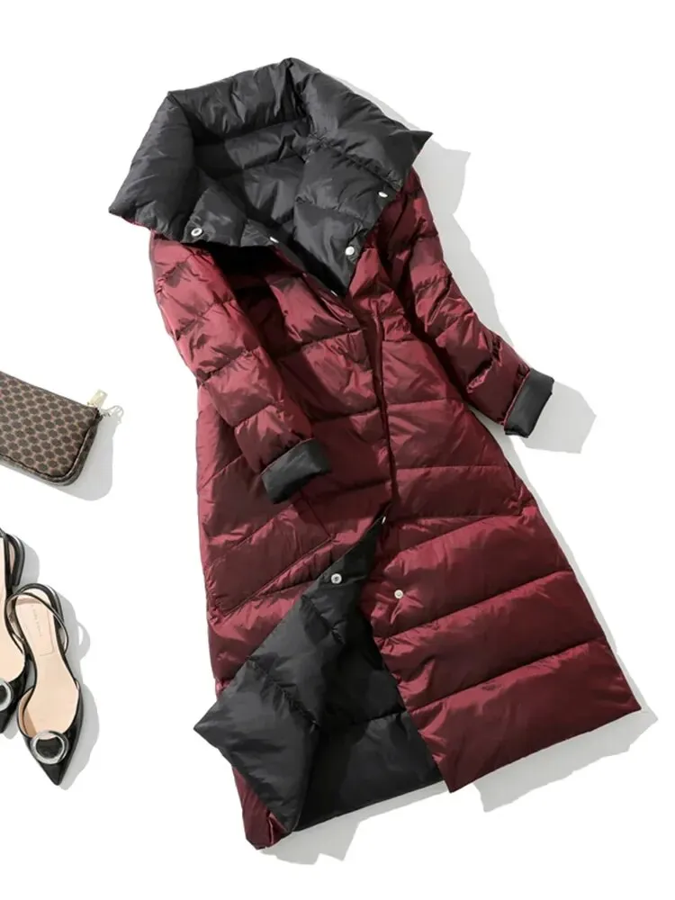 Fashion 2023 Winter Women 90% White Duck Down Jacket Long Thick Double Sided Coat Female Warm Double Breasted Parka Outwear