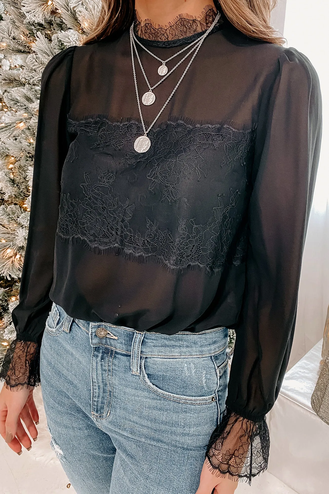 Fashionable Advantage Long Sleeve Lace Trim Bodysuit (Black)
