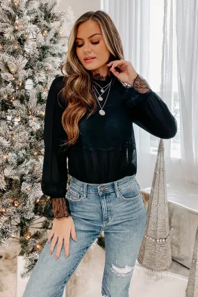 Fashionable Advantage Long Sleeve Lace Trim Bodysuit (Black)
