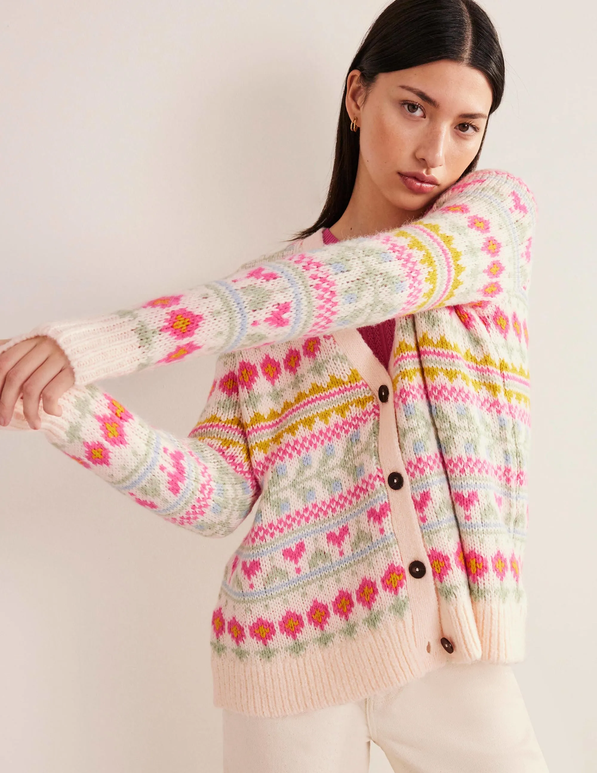 Fluffy Fair Isle Cardigan-Ivory, Multi Fairisle