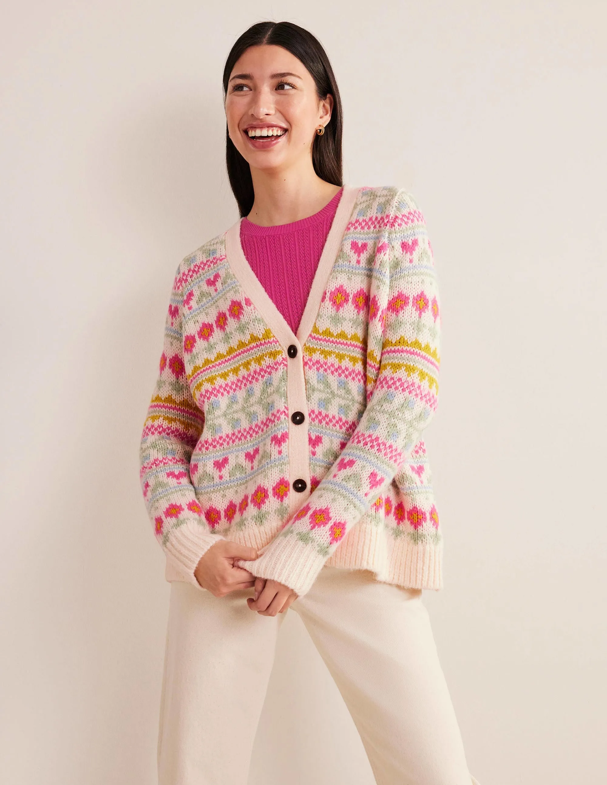 Fluffy Fair Isle Cardigan-Ivory, Multi Fairisle