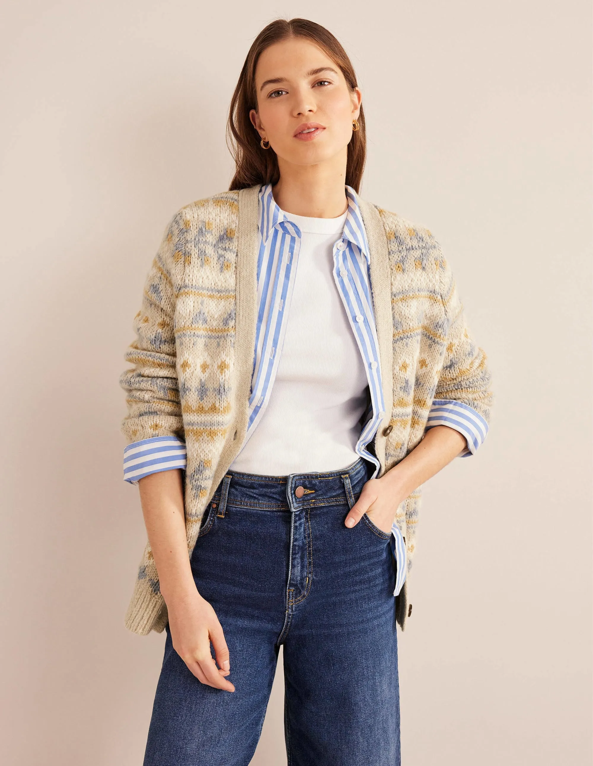 Fluffy Fair Isle Cardigan-Oatmeal Melange Fairisle