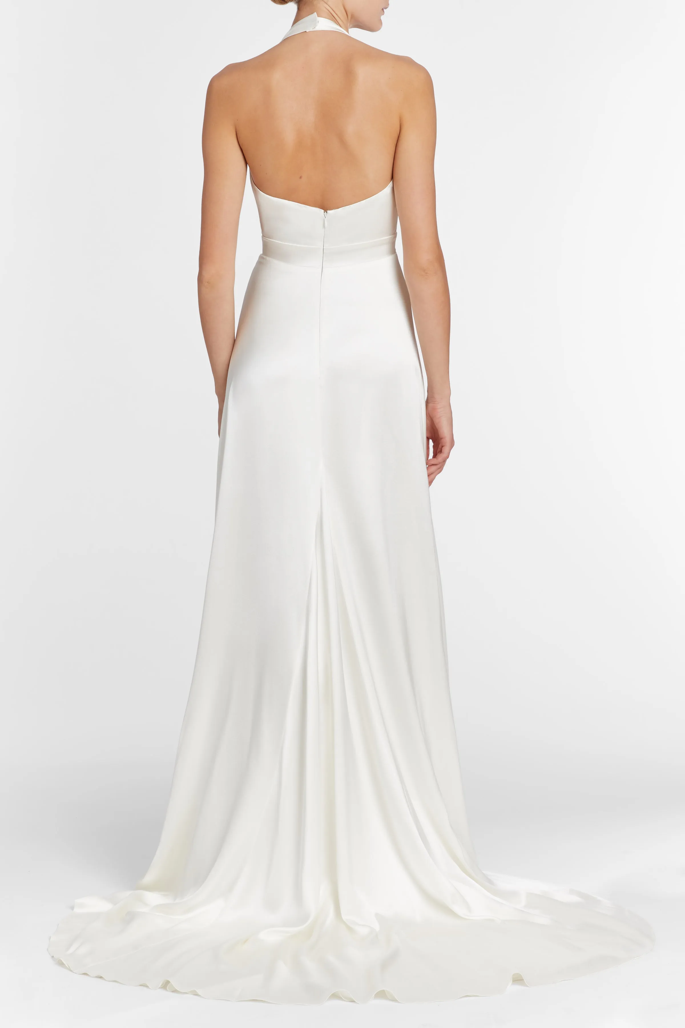 Francoise White Silk V Neck Halter Gown With Train