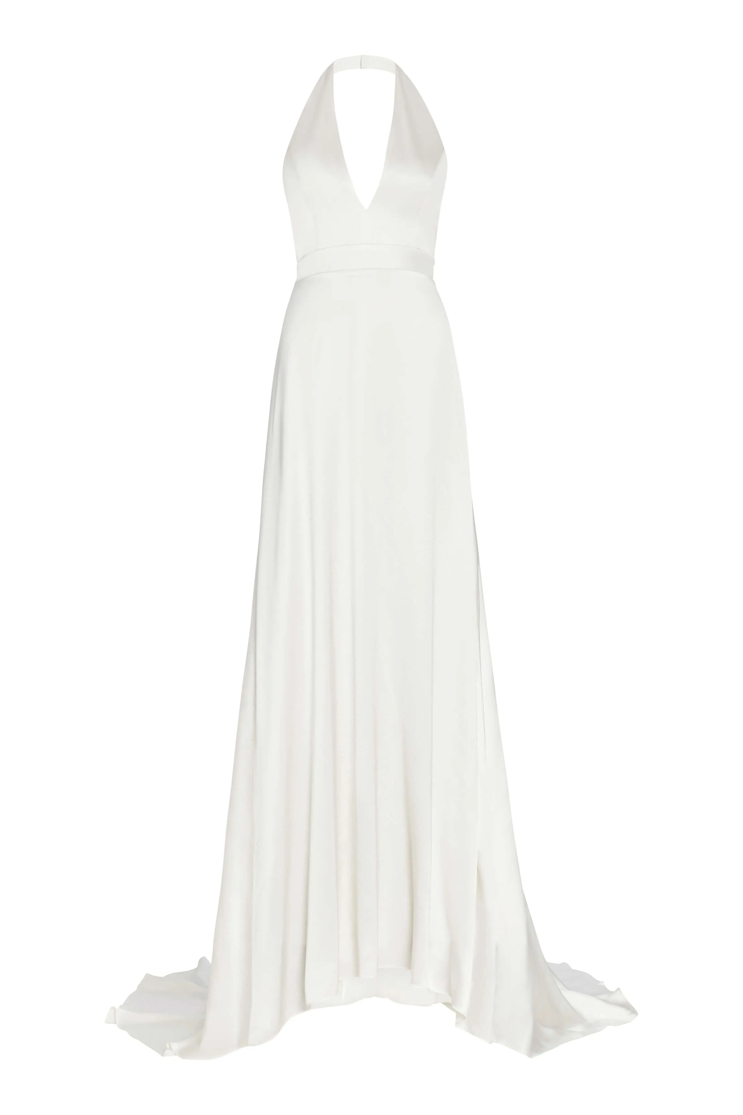 Francoise White Silk V Neck Halter Gown With Train