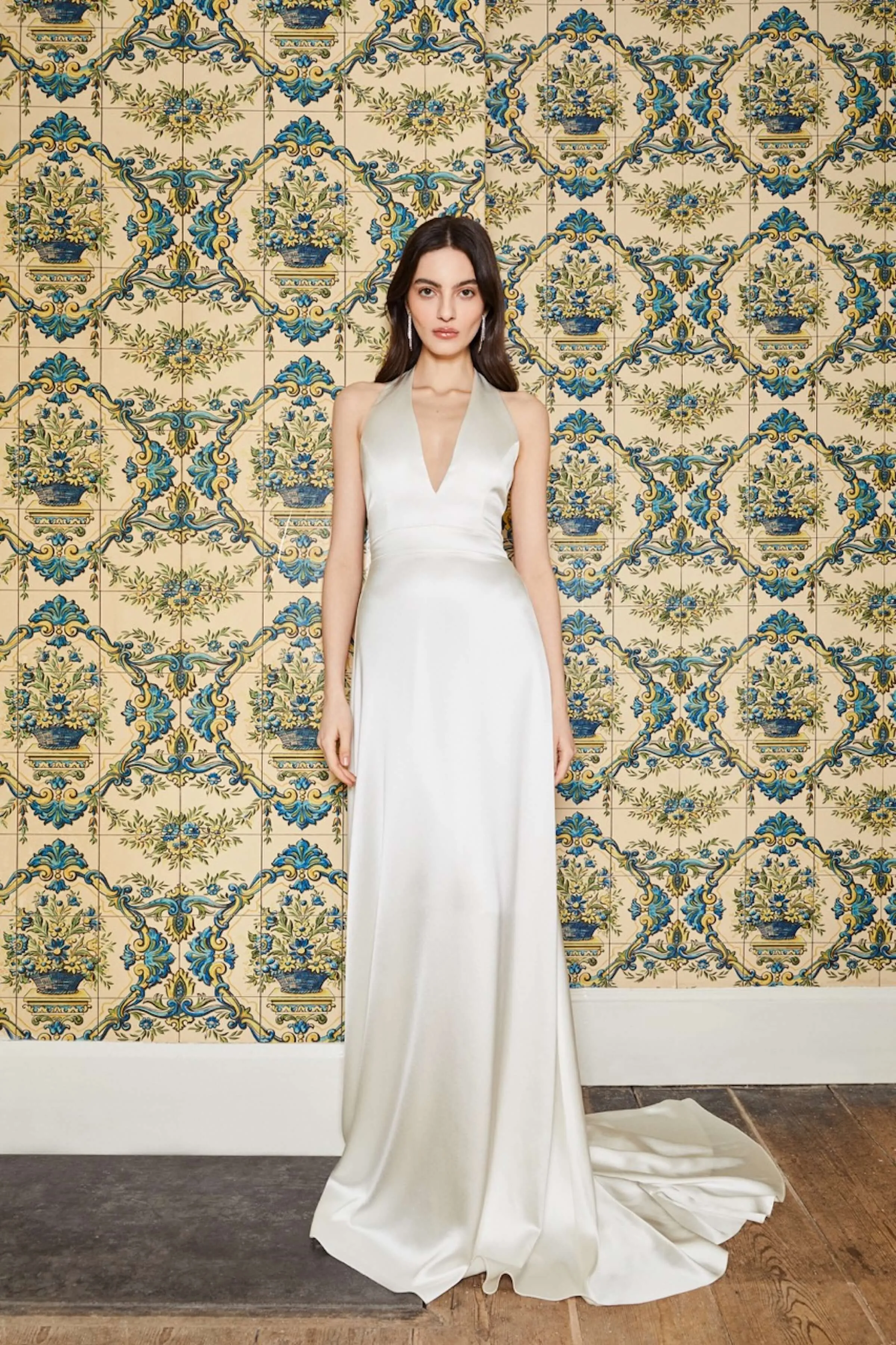 Francoise White Silk V Neck Halter Gown With Train