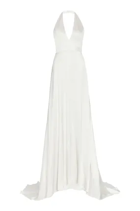 Francoise White Silk V Neck Halter Gown With Train