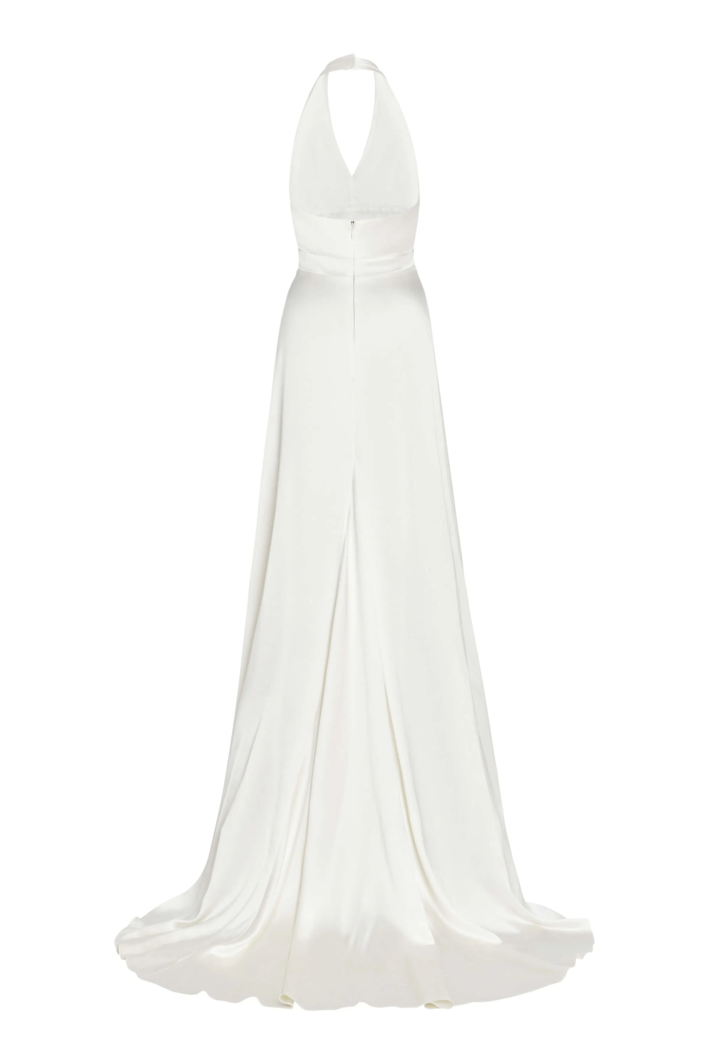 Francoise White Silk V Neck Halter Gown With Train