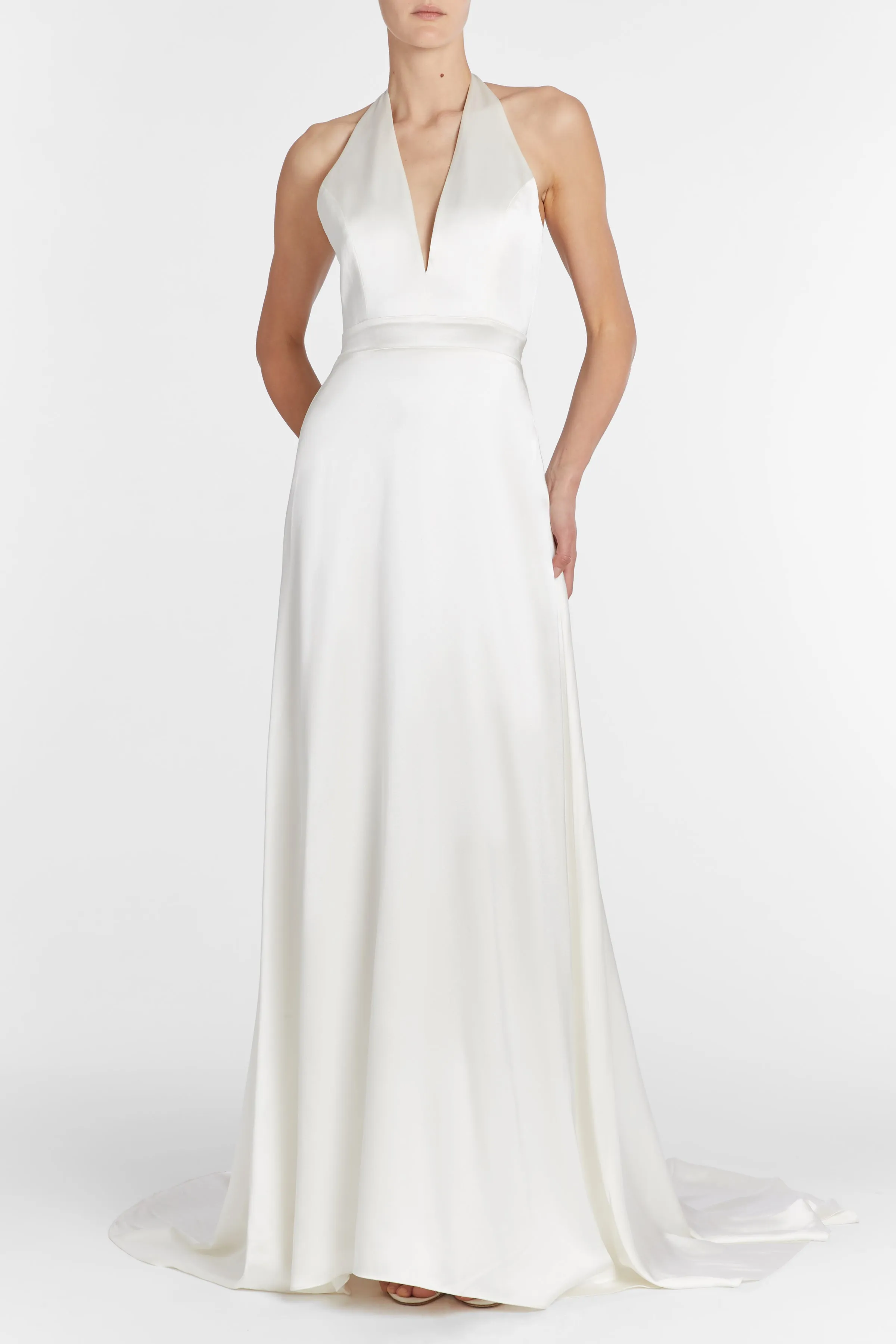Francoise White Silk V Neck Halter Gown With Train