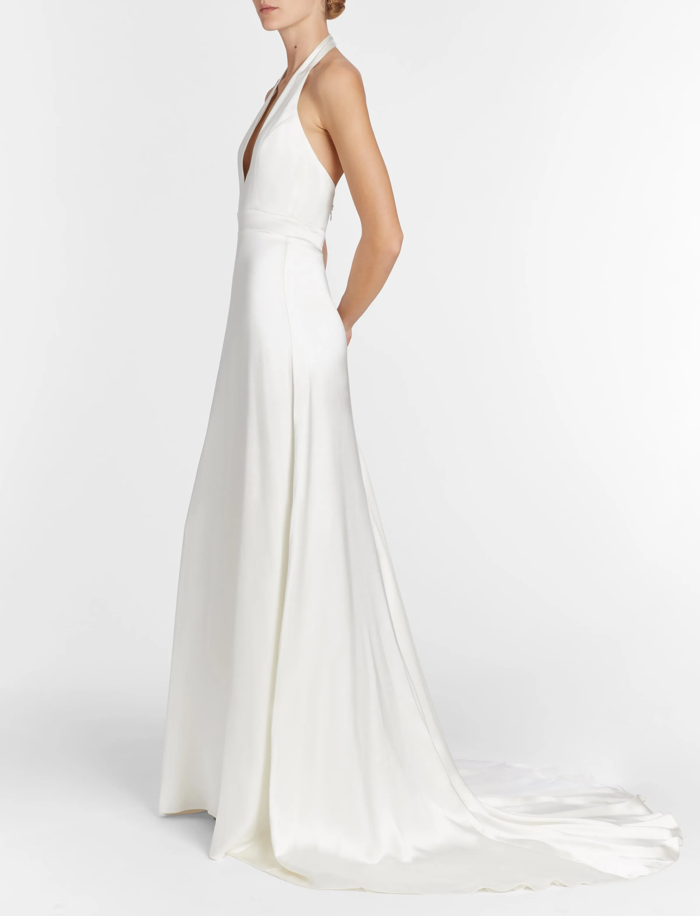 Francoise White Silk V Neck Halter Gown With Train