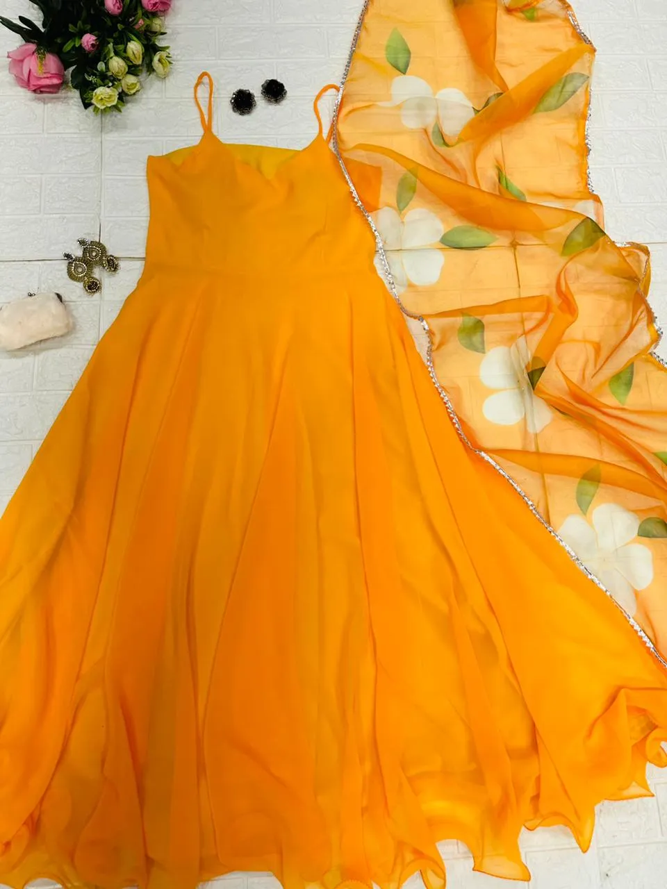 Glittering Look Yellow Color Anarkali Gown with Organza Dupatta