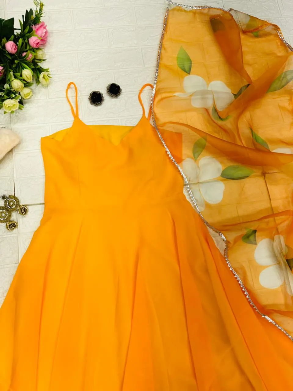 Glittering Look Yellow Color Anarkali Gown with Organza Dupatta