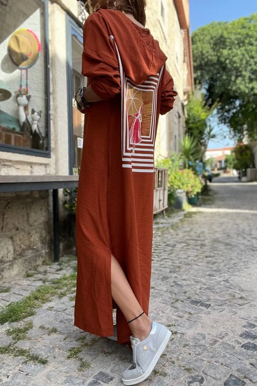 GNS Woman Tile Linen Hooded Side Slit Back Printed Long Dress BST3225 - Duluth