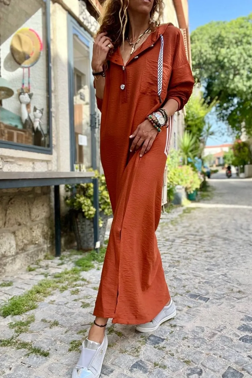 GNS Woman Tile Linen Hooded Side Slit Back Printed Long Dress BST3225 - Duluth