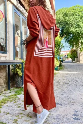 GNS Woman Tile Linen Hooded Side Slit Back Printed Long Dress BST3225 - Duluth