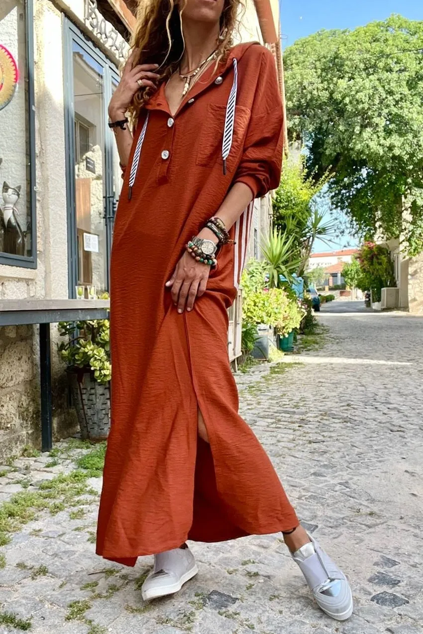 GNS Woman Tile Linen Hooded Side Slit Back Printed Long Dress BST3225 - Duluth