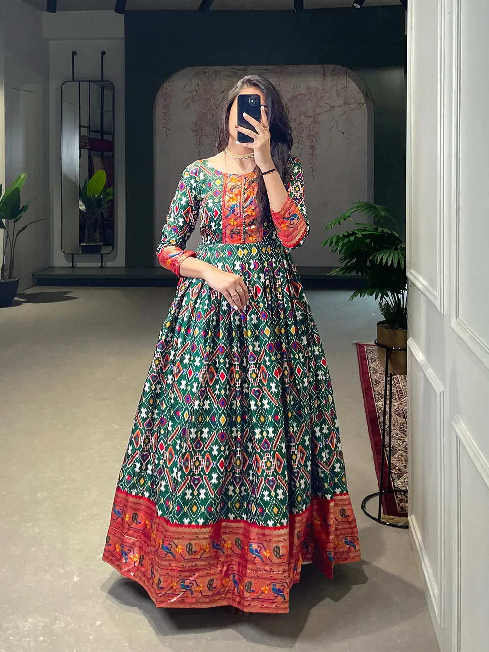 Green Color Patola Paithani Printed And Foil Printed Silk Gown