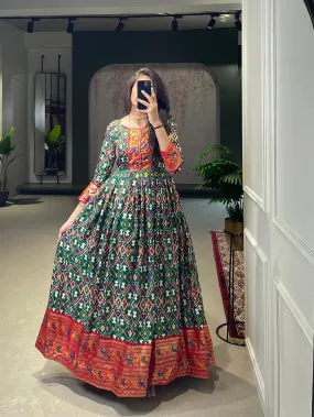 Green Color Patola Paithani Printed And Foil Printed Silk Gown
