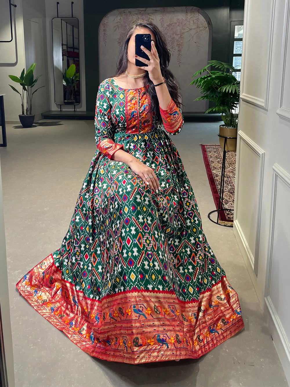 Green Color Patola Paithani Printed And Foil Printed Silk Gown