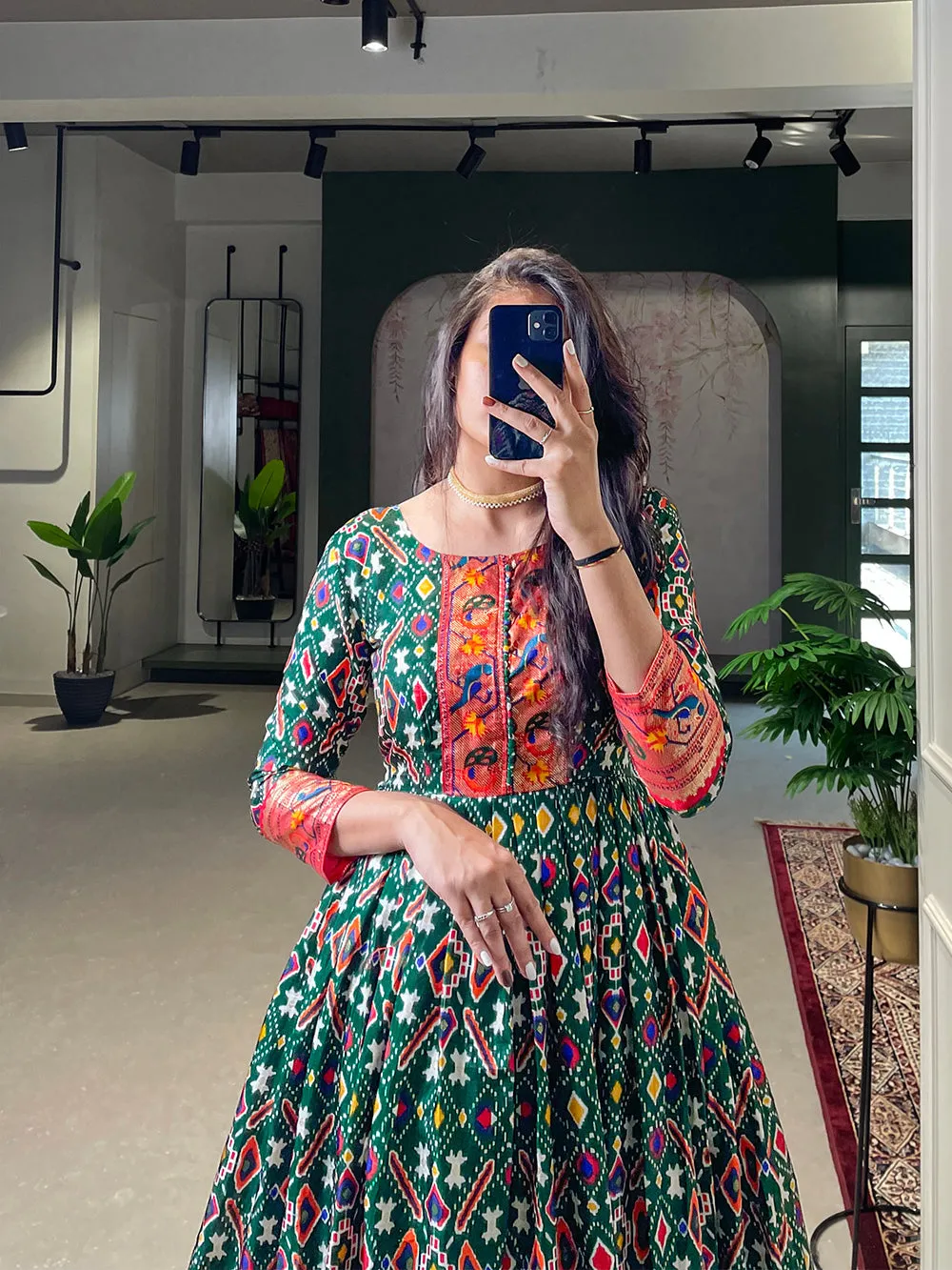 Green Color Patola Paithani Printed And Foil Printed Silk Gown