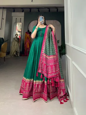 Green Color Tussar Silk Printed Gown with Dupatta - Contemporary Elegance