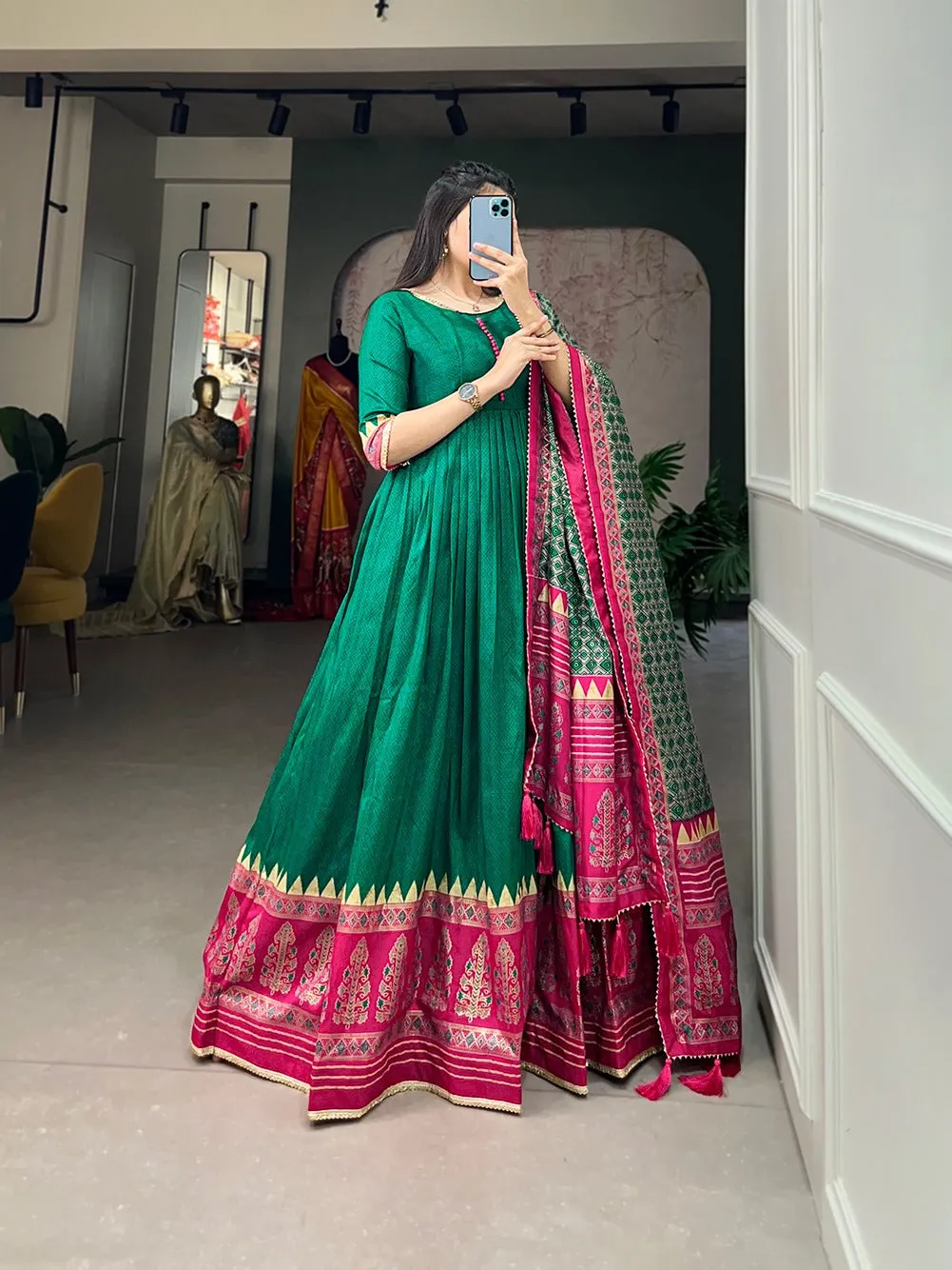 Green Color Tussar Silk Printed Gown with Dupatta - Contemporary Elegance