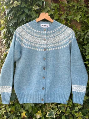 Harley Of Scotland Fairisle Cardigan Duck Egg/White