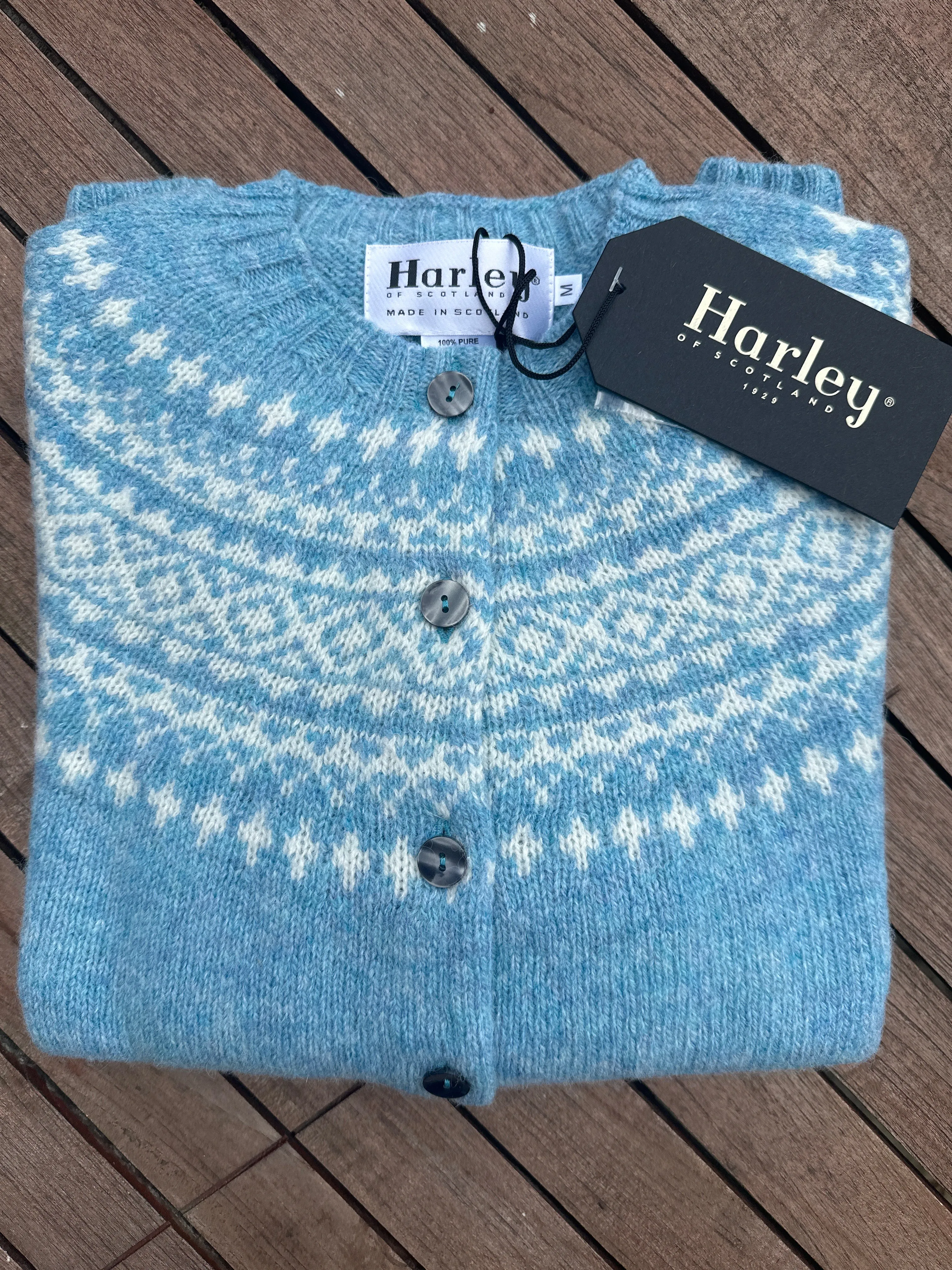 Harley Of Scotland Fairisle Cardigan Duck Egg/White