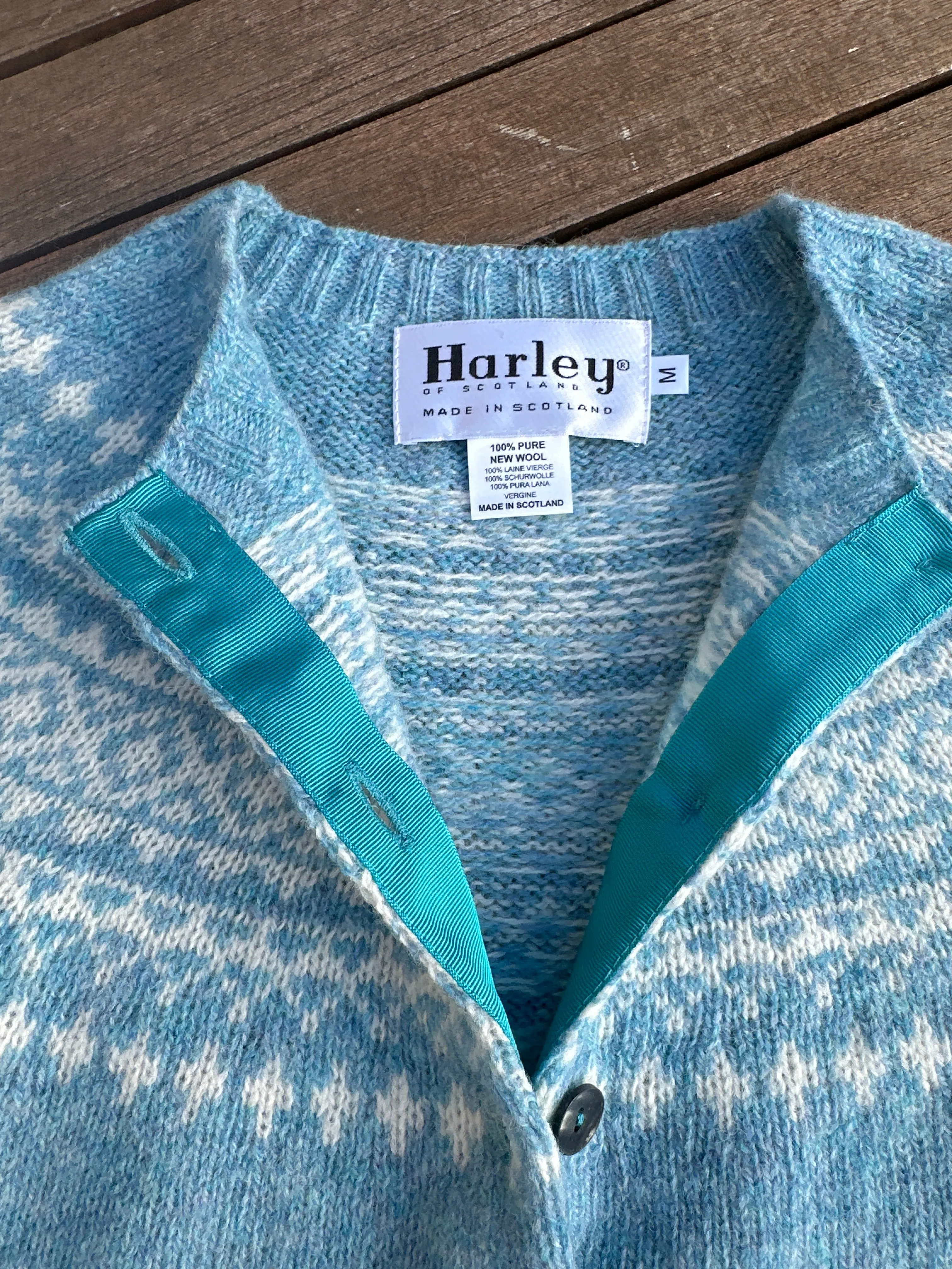 Harley Of Scotland Fairisle Cardigan Duck Egg/White