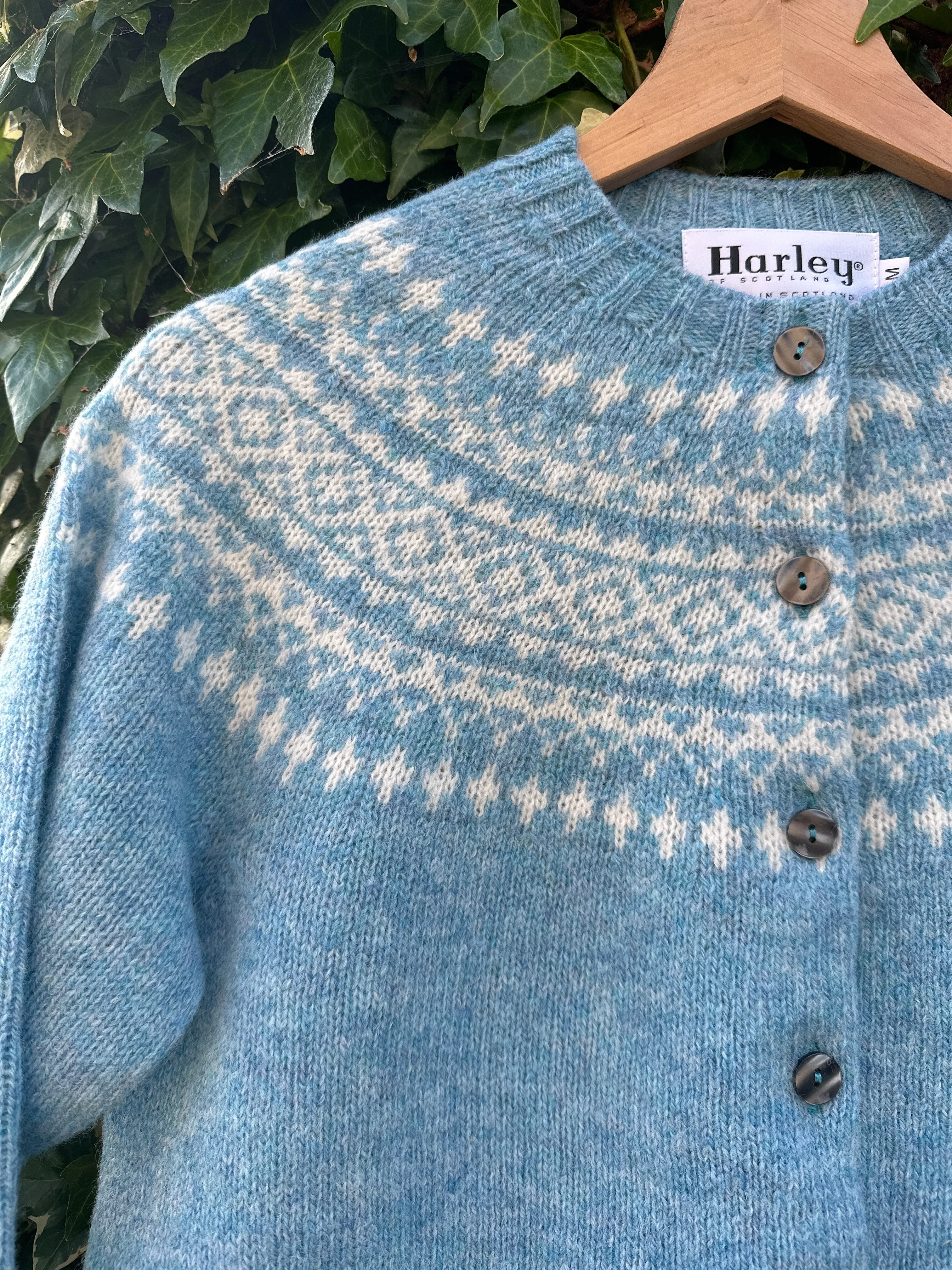 Harley Of Scotland Fairisle Cardigan Duck Egg/White