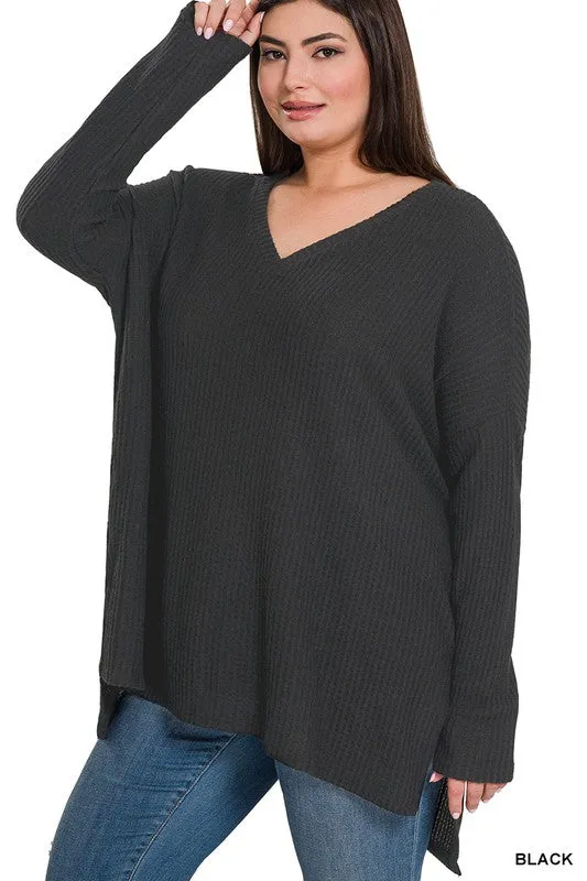 Hi Curvy Plus Size Women Brushed Thermal Waffle V-Neck Sweater