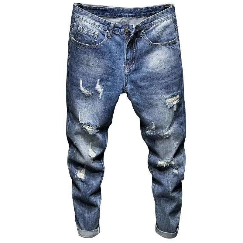 Hip Hop Jeans Men Ripped Denim Jeans Gray Hollow Out Ankle Length Pants Streetwear Distressed Frayed Holes Desinger 2024 Summer