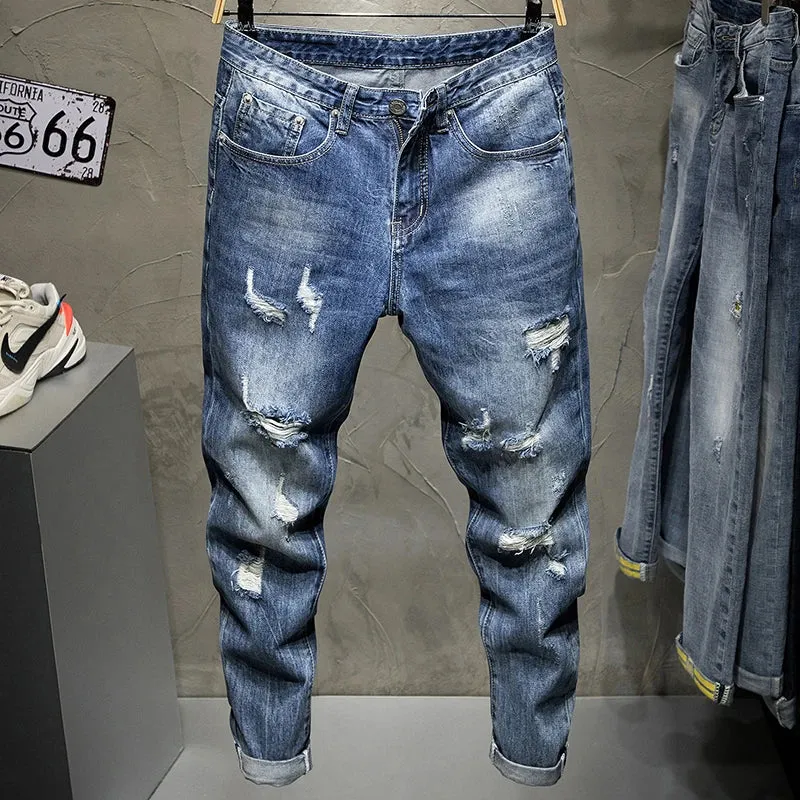 Hip Hop Jeans Men Ripped Denim Jeans Gray Hollow Out Ankle Length Pants Streetwear Distressed Frayed Holes Desinger 2024 Summer
