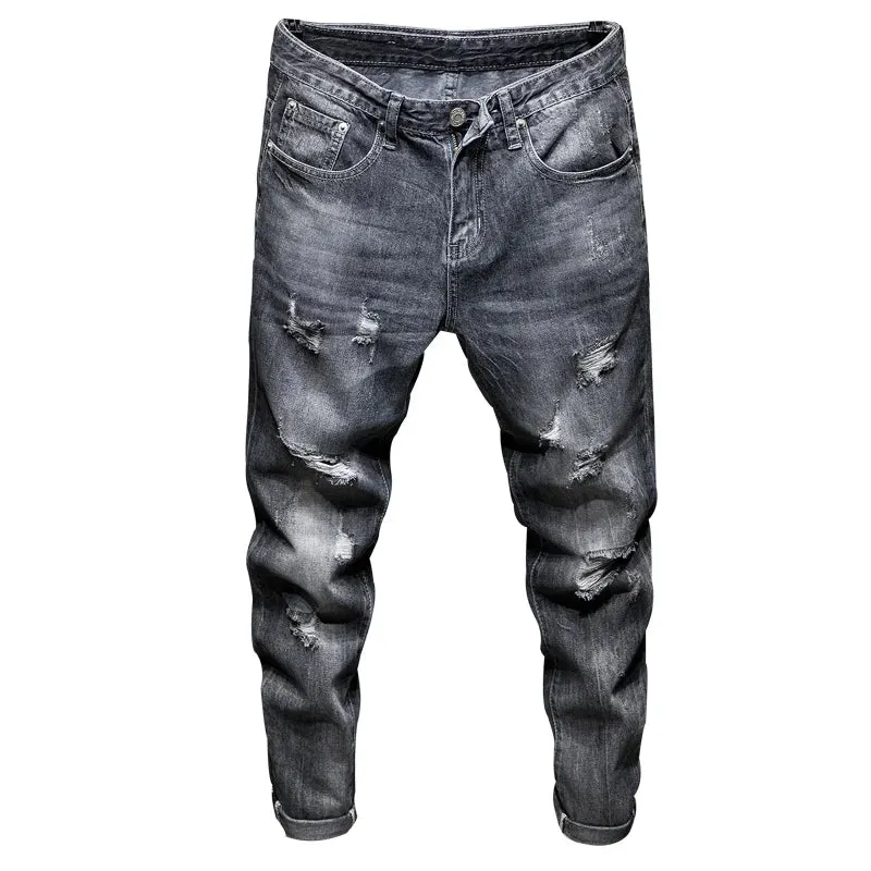 Hip Hop Jeans Men Ripped Denim Jeans Gray Hollow Out Ankle Length Pants Streetwear Distressed Frayed Holes Desinger 2024 Summer