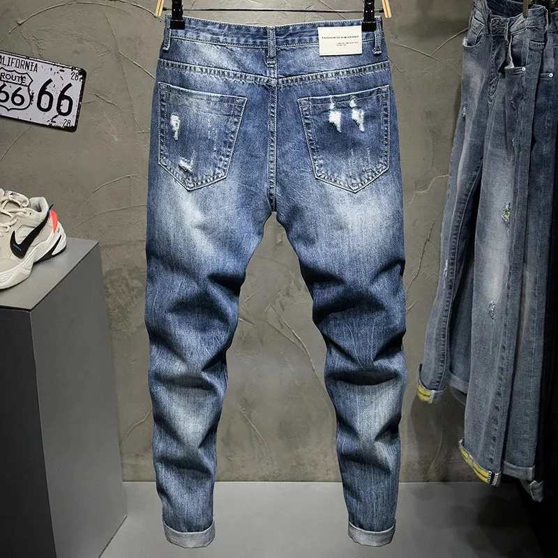 Hip Hop Jeans Men Ripped Denim Jeans Gray Hollow Out Ankle Length Pants Streetwear Distressed Frayed Holes Desinger 2024 Summer