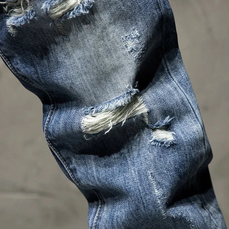 Hip Hop Jeans Men Ripped Denim Jeans Gray Hollow Out Ankle Length Pants Streetwear Distressed Frayed Holes Desinger 2024 Summer