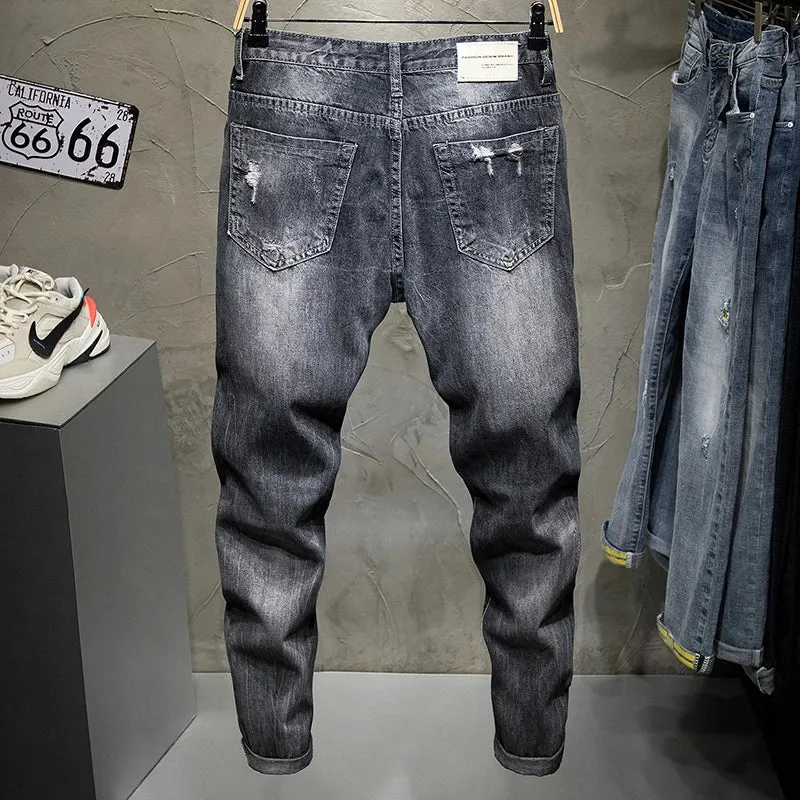 Hip Hop Jeans Men Ripped Denim Jeans Gray Hollow Out Ankle Length Pants Streetwear Distressed Frayed Holes Desinger 2024 Summer