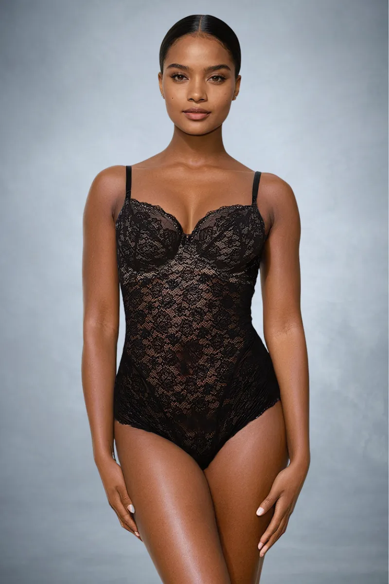 HOLLY Backless Lace Bodysuit with Underwired Soft Cups (Black)