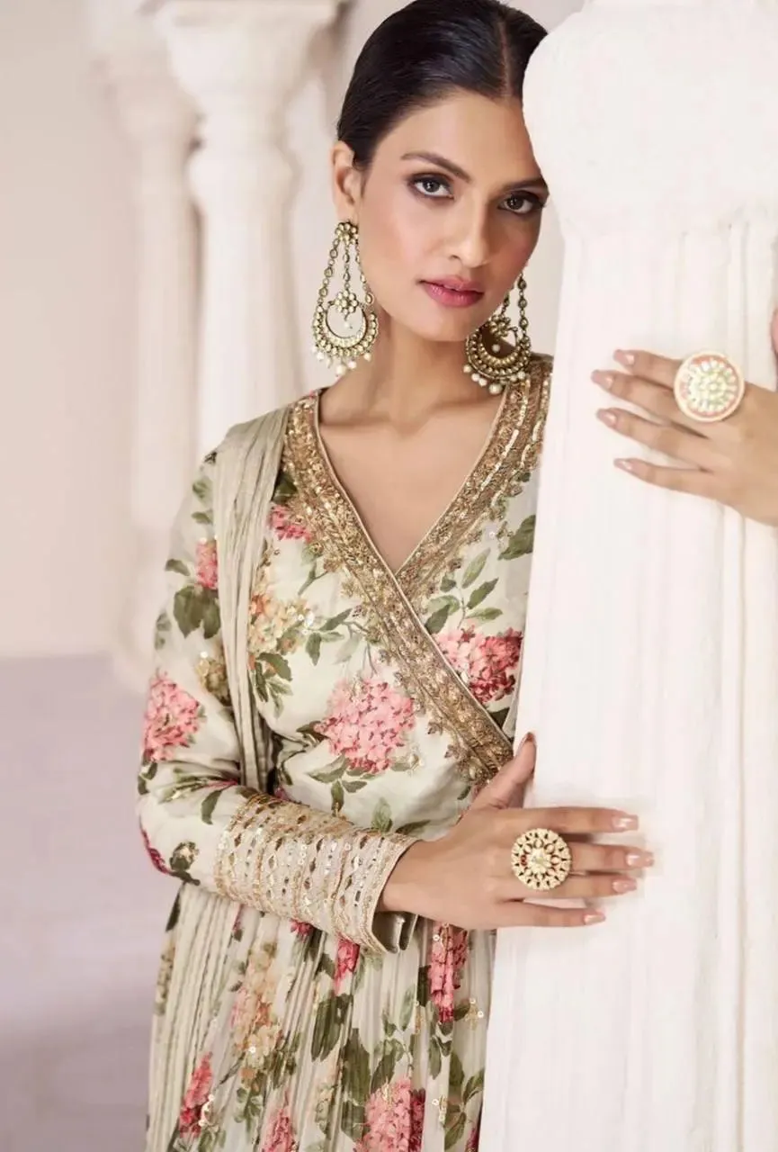 Iconic Off-White Floral Embroidered TB Silk Gown With Dupatta