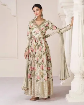 Iconic Off-White Floral Embroidered TB Silk Gown With Dupatta