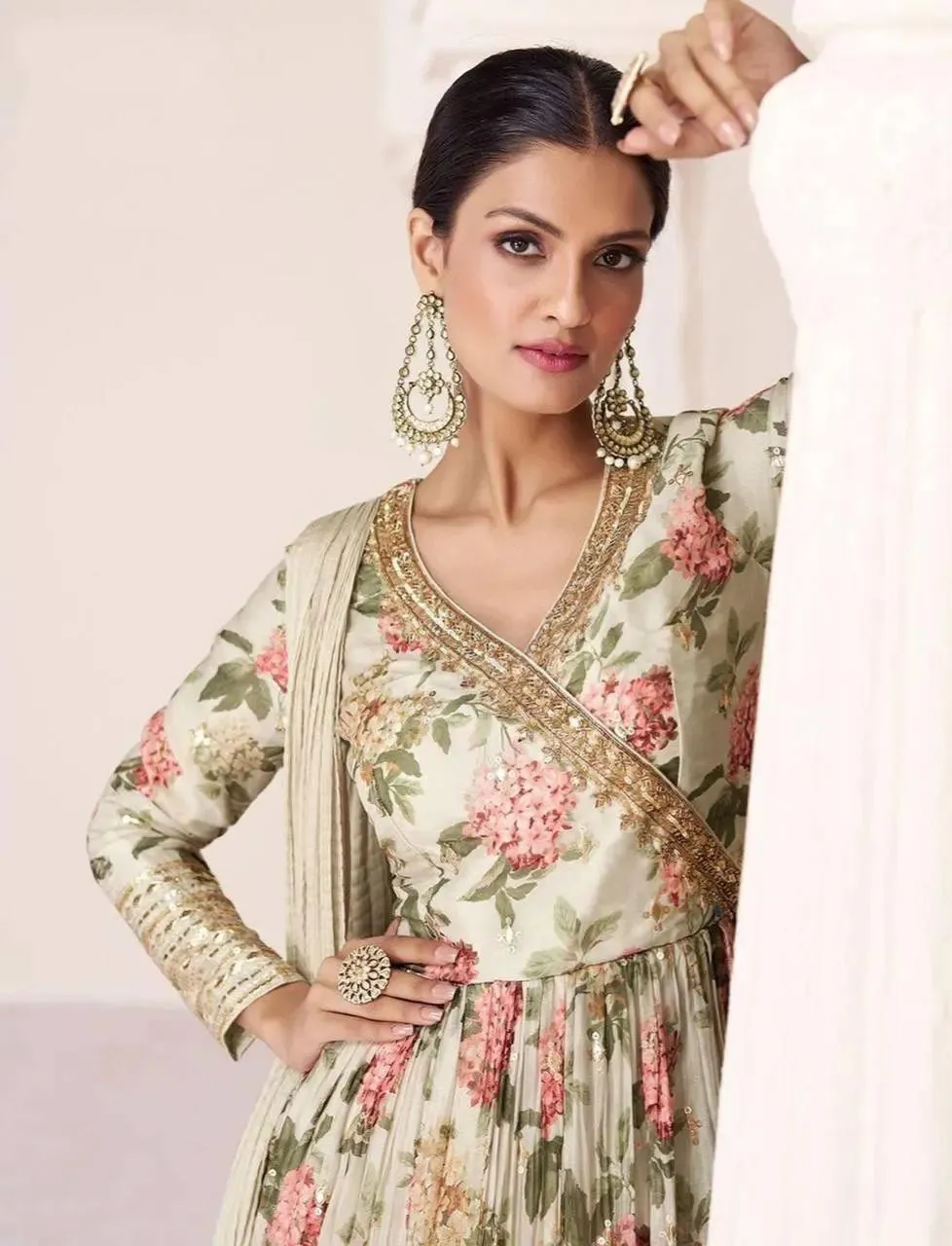 Iconic Off-White Floral Embroidered TB Silk Gown With Dupatta
