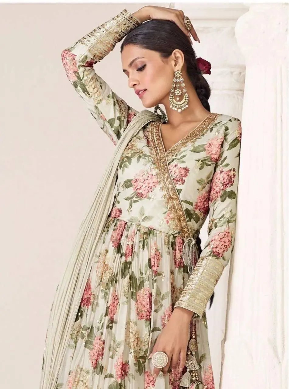 Iconic Off-White Floral Embroidered TB Silk Gown With Dupatta