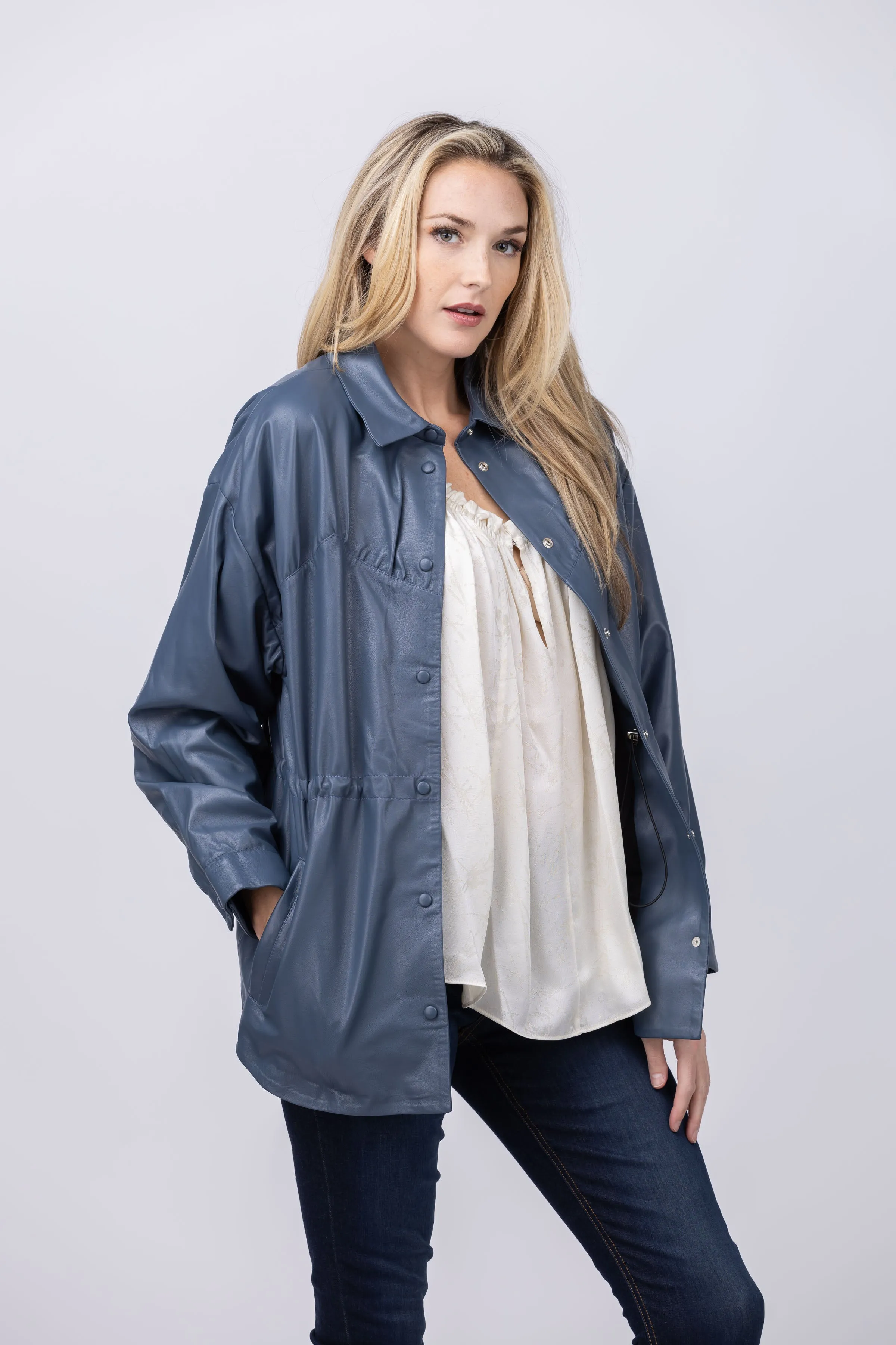 Iro Calisto Leather Shirt Jacket in Blue Grey
