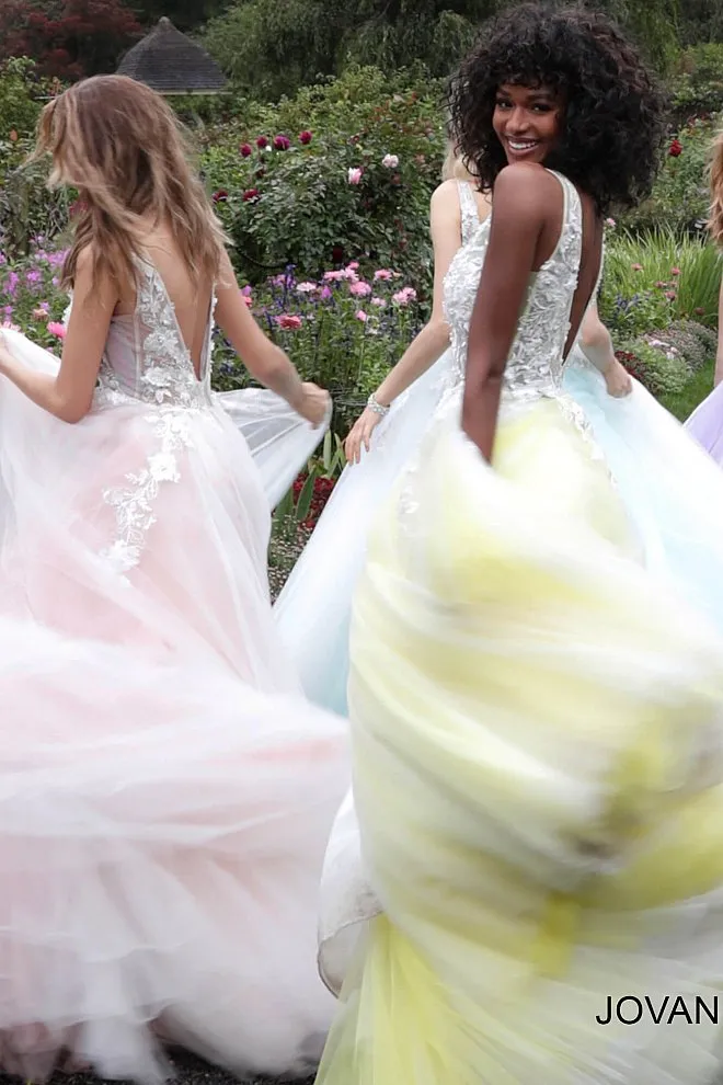 Jovani 55634 floral appliques prom dress ballgown Lace Tulle Long V Neck