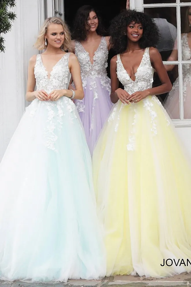 Jovani 55634 floral appliques prom dress ballgown Lace Tulle Long V Neck