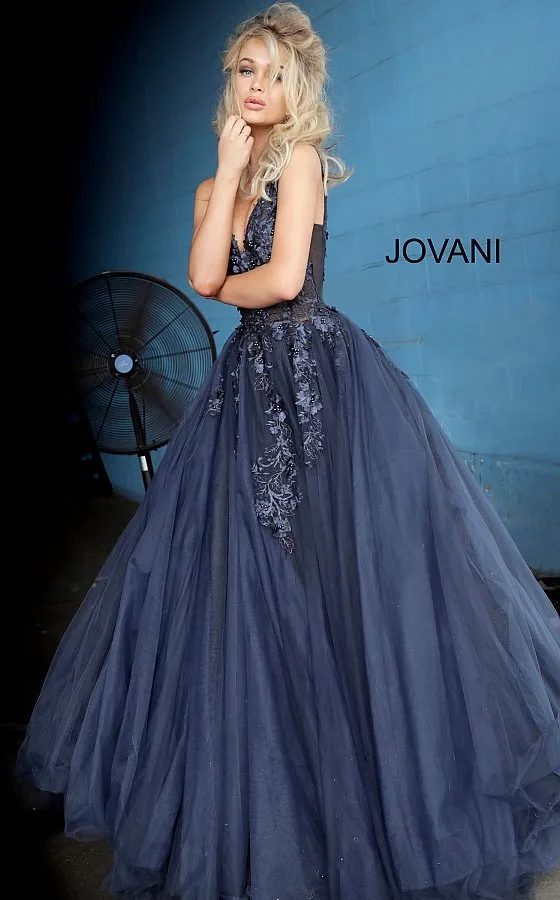 Jovani 55634 floral appliques prom dress ballgown Lace Tulle Long V Neck