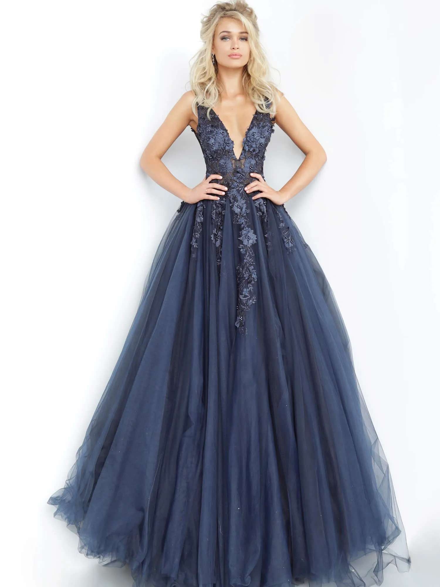Jovani 55634 floral appliques prom dress ballgown Lace Tulle Long V Neck