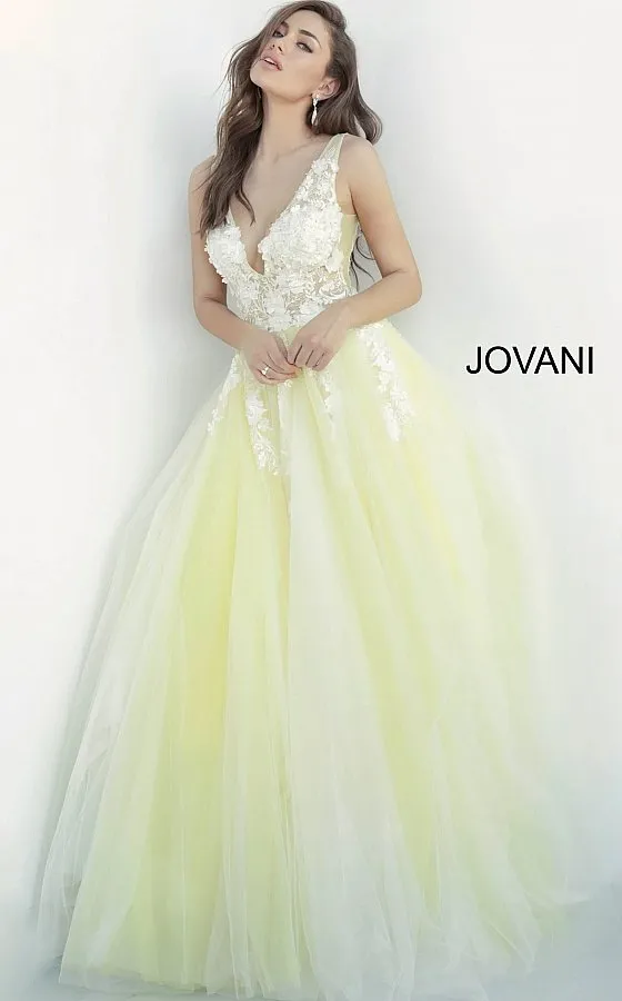Jovani 55634 floral appliques prom dress ballgown Lace Tulle Long V Neck