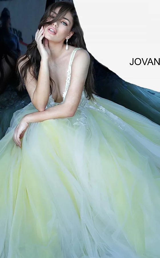 Jovani 55634 floral appliques prom dress ballgown Lace Tulle Long V Neck