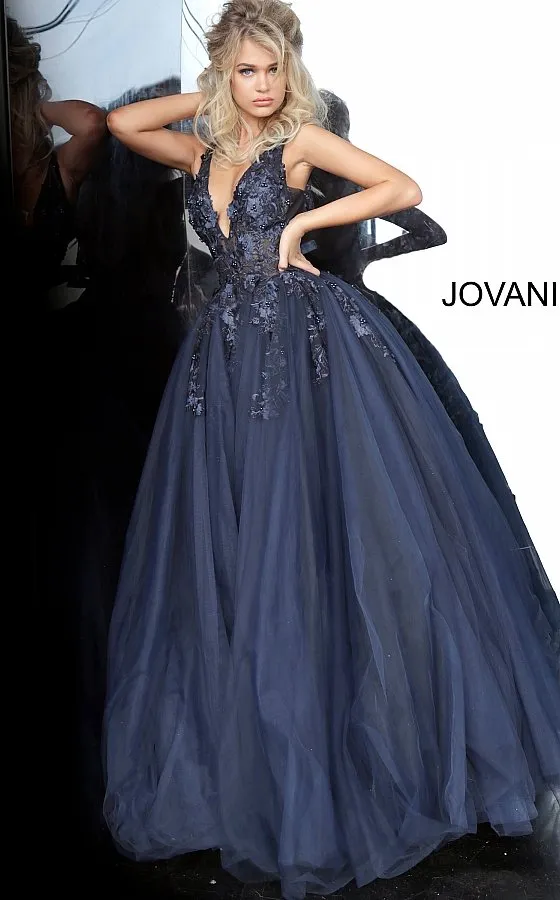 Jovani 55634 floral appliques prom dress ballgown Lace Tulle Long V Neck